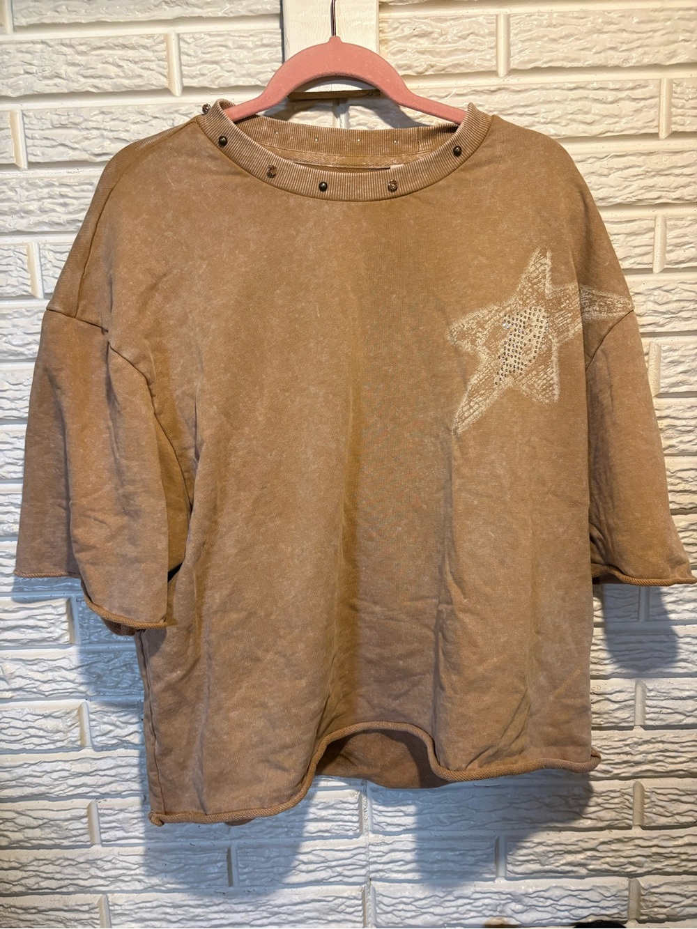 REBEL Studded Neck Boxy Tee with Star Detail - Brown